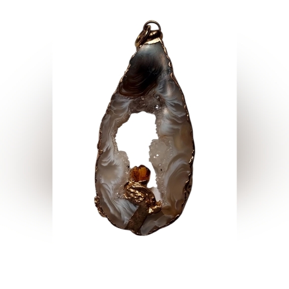 Druzy Agate Slice With Amber Inside Gold Wrapped - Picture 1 of 6